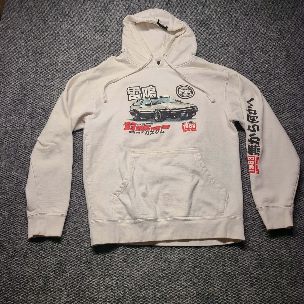 DGK White Hoodie Mens Sz M 1983 DOHC Hachi Roku Doube Sided Japanese Flawed